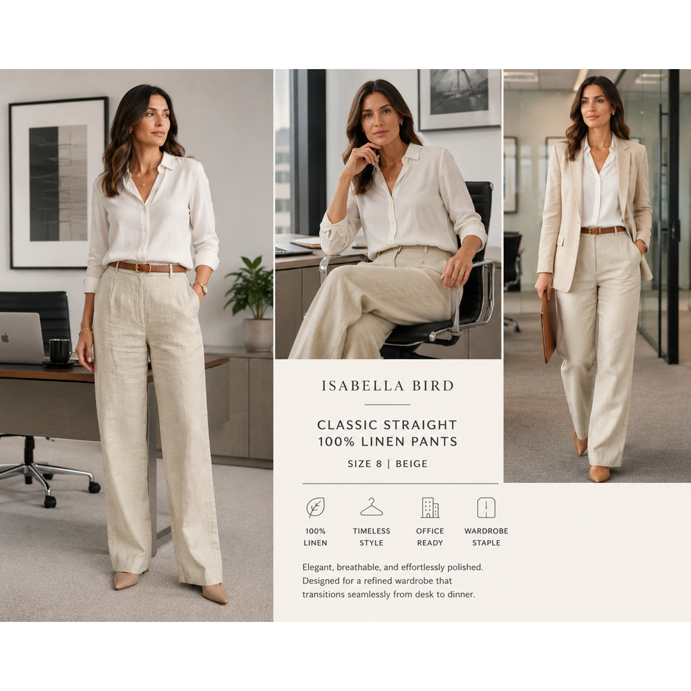 Isabella Bird Classic Straight Pants 100% Linen Old Money Minimalist Size 8